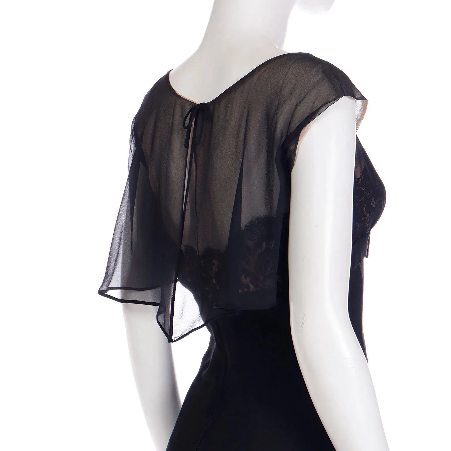 1960s Black Silk Chiffon Illusion Bodice Evening Dress