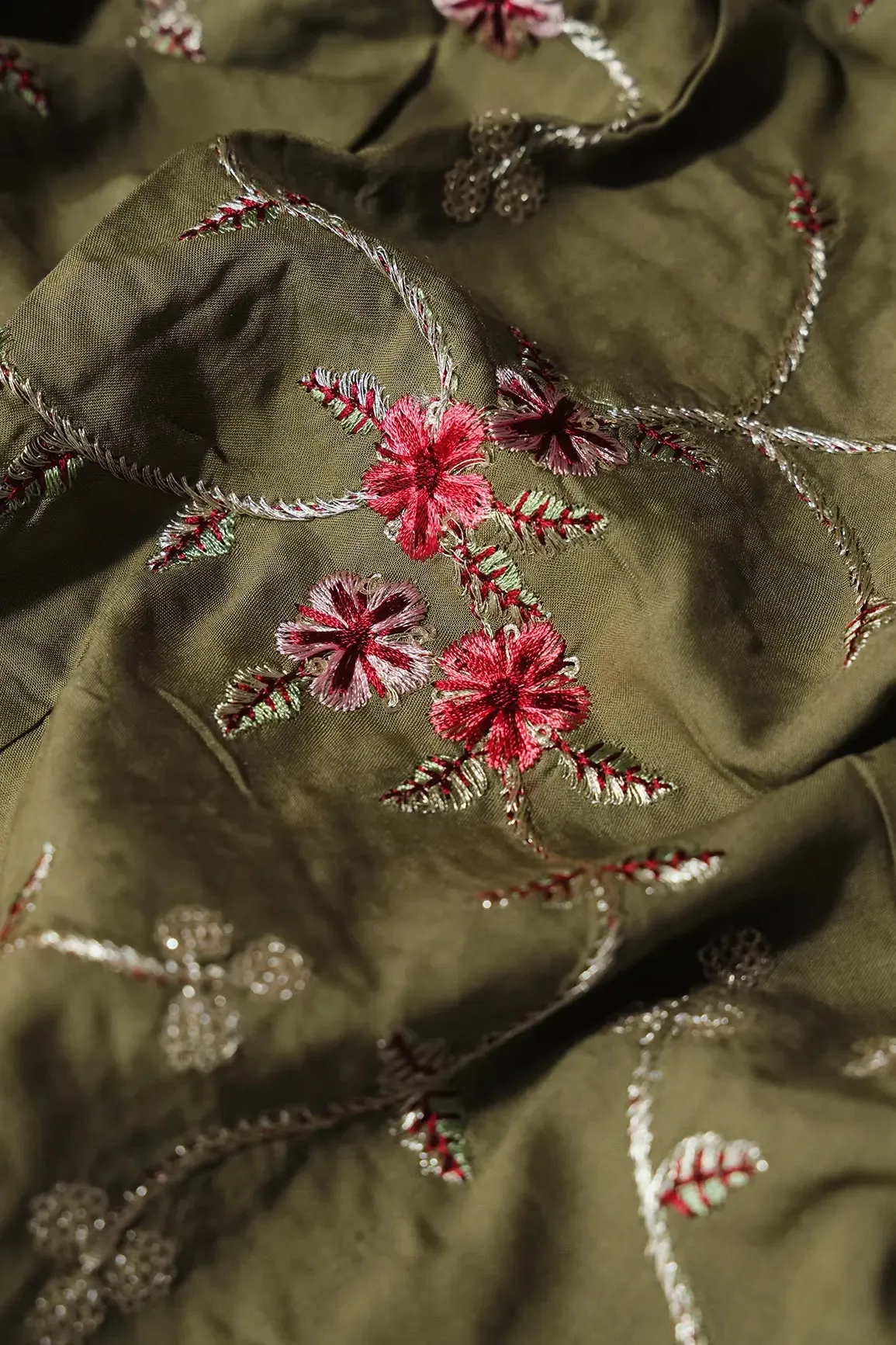 2 Meter Cut Piece Of Pink And Maroon Thread With Gold Zari Floral Embroidery On Olive Muslin Fabric