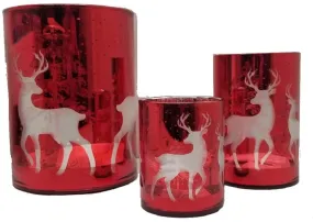 3 Glass Candle Holders With Reindeer Image