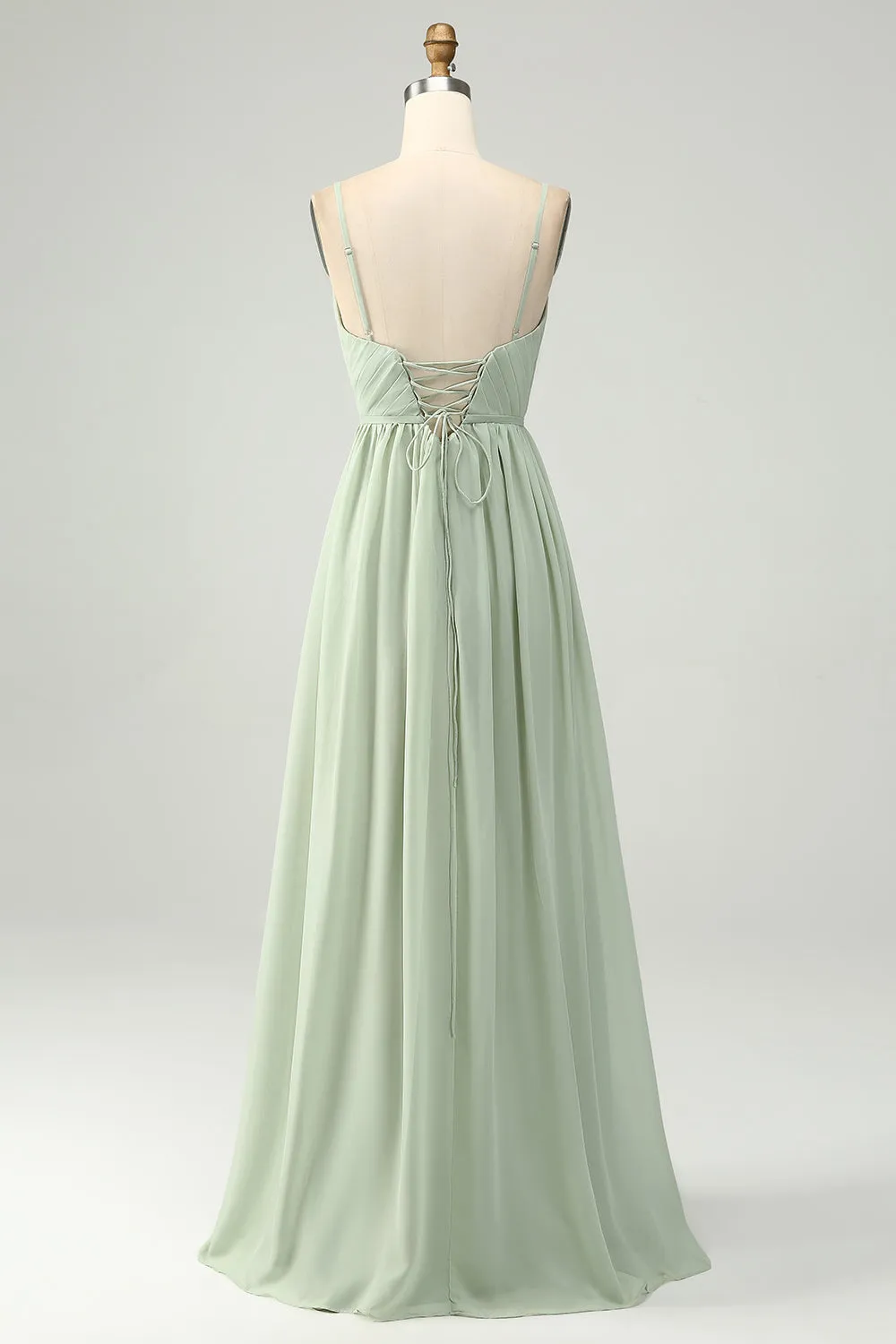 A-Line Dusty Sage Chiffon Spaghetti Straps Long Bridesmaid Dress with Slit