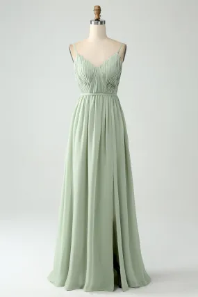 A-Line Dusty Sage Chiffon Spaghetti Straps Long Bridesmaid Dress with Slit