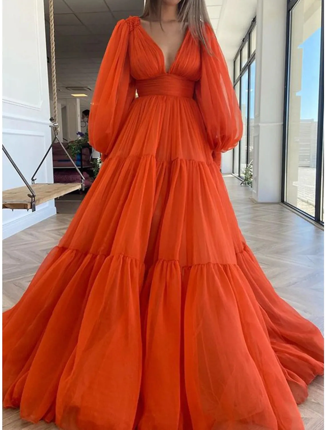 A-Line Evening Gown Elegant Dress Christmas Red Green Dress Formal Wedding Guest Floor Length Long Sleeve V Neck Chiffon with Ruched