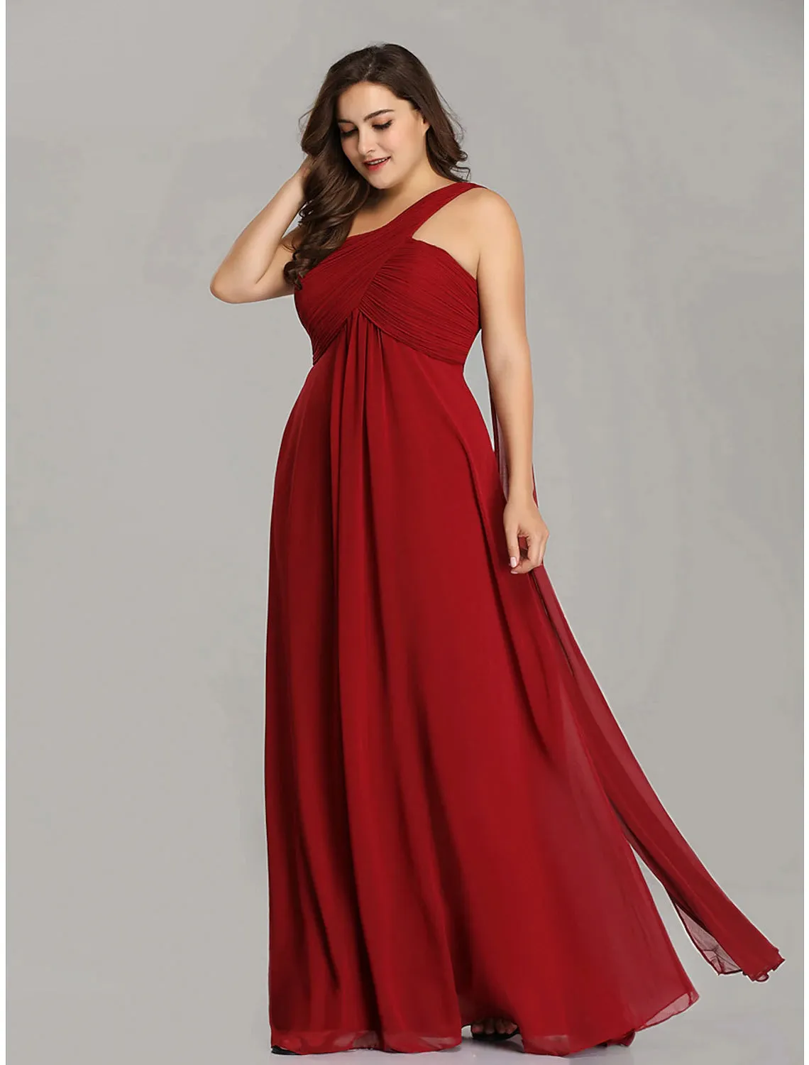 A-Line Evening Gown Empire Dress Formal Evening Floor Length Sleeveless One Shoulder Bridesmaid Dress Chiffon Backless with Pleats Draping