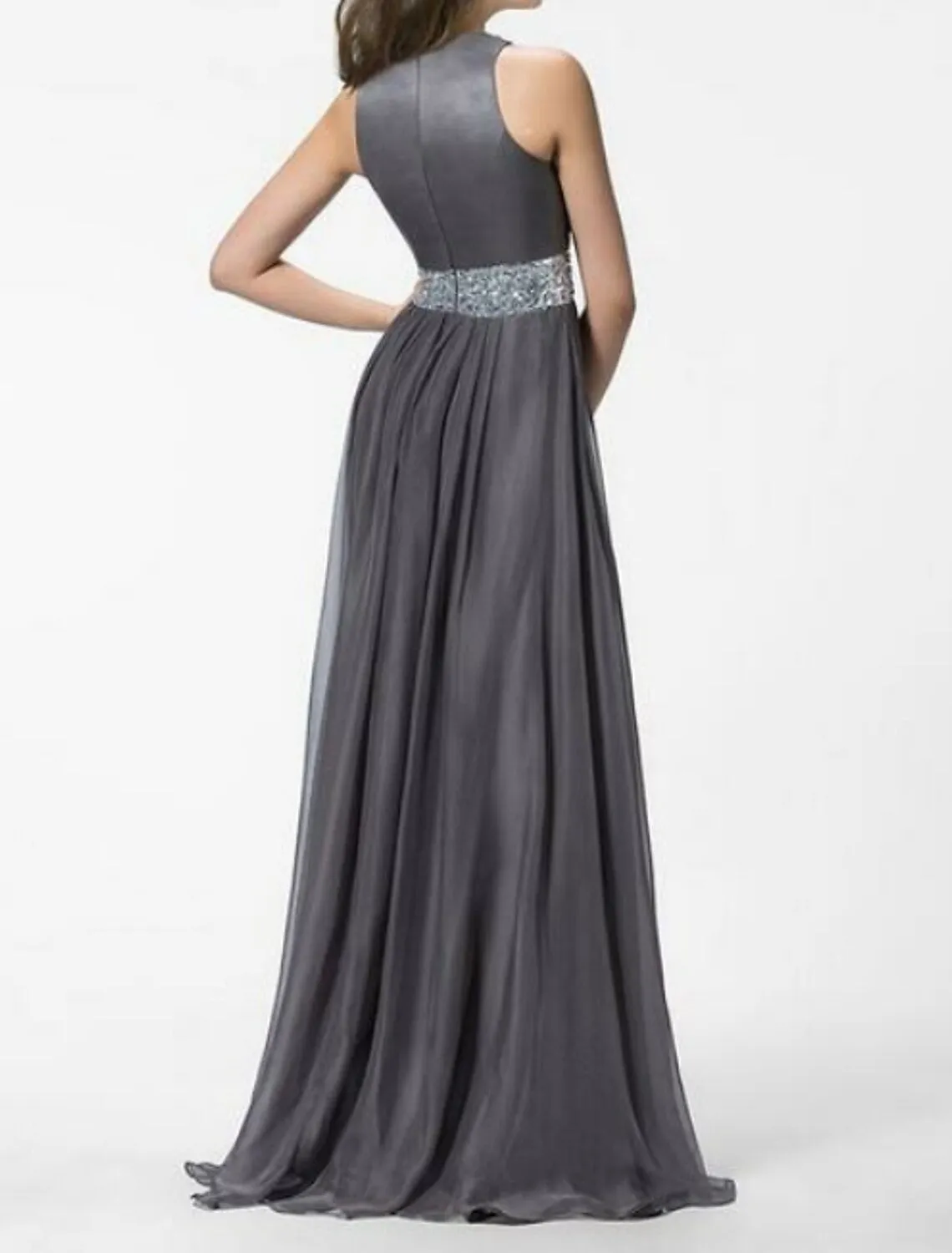 A-Line Evening Gown Empire Dress Prom Formal Evening Sweep / Brush Train Sleeveless Jewel Neck Chiffon with Crystals Split Front