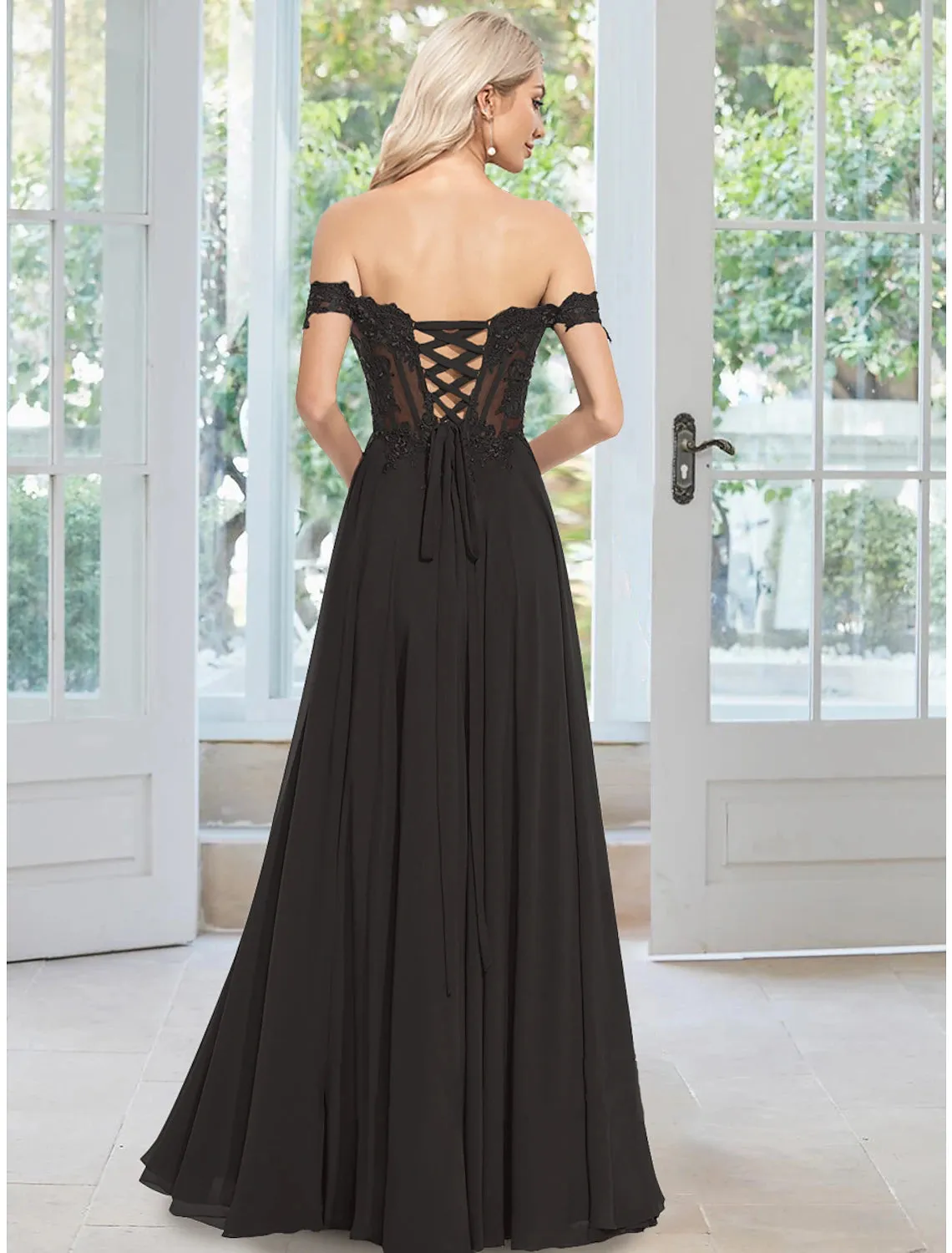 A-Line Evening Gown Floral Dress Wedding Guest Prom Floor Length Sleeveless Off Shoulder Chiffon with Appliques