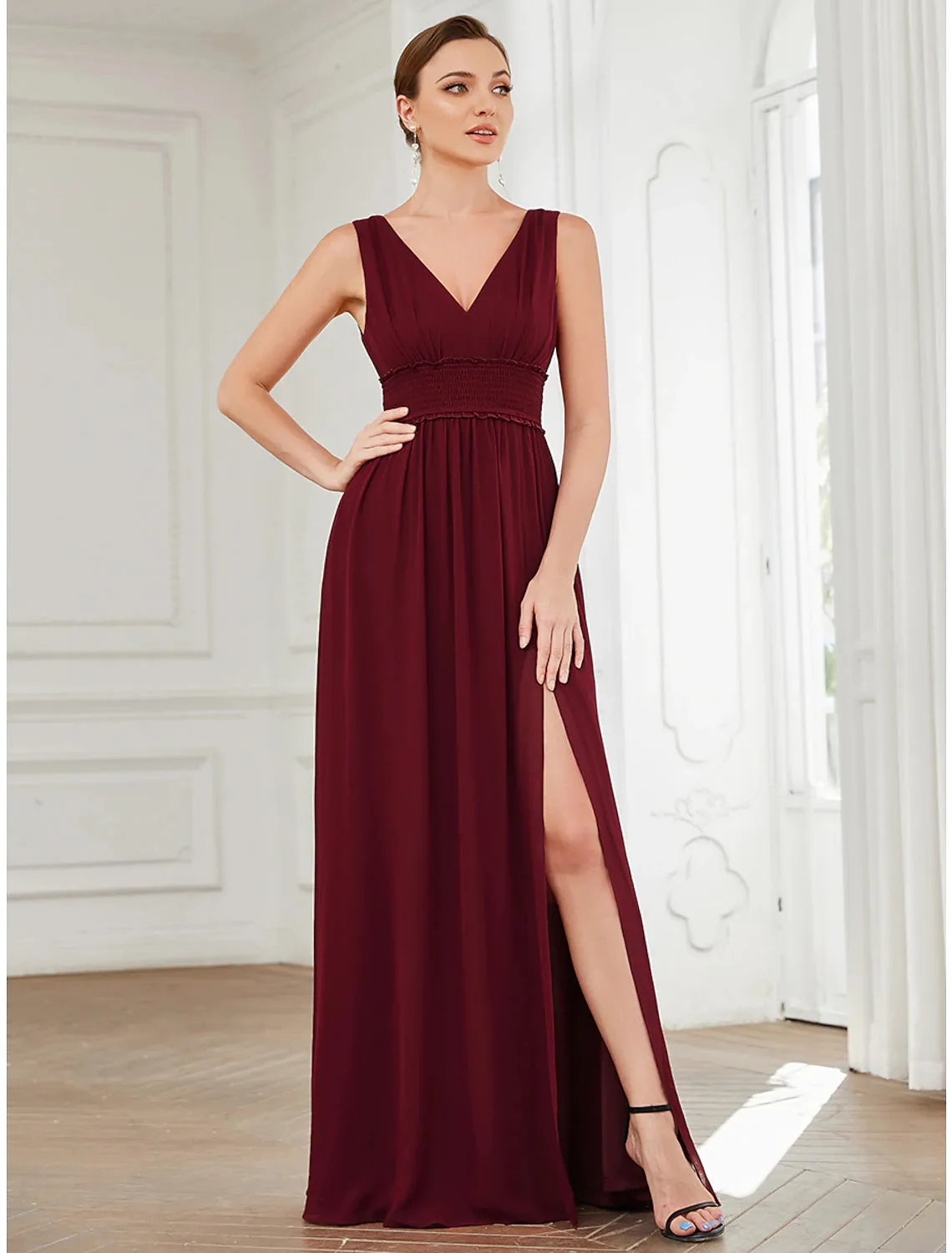 A-Line Evening Gown Minimalist Dress Wedding Guest Floor Length Sleeveless V Neck Chiffon with Pleats