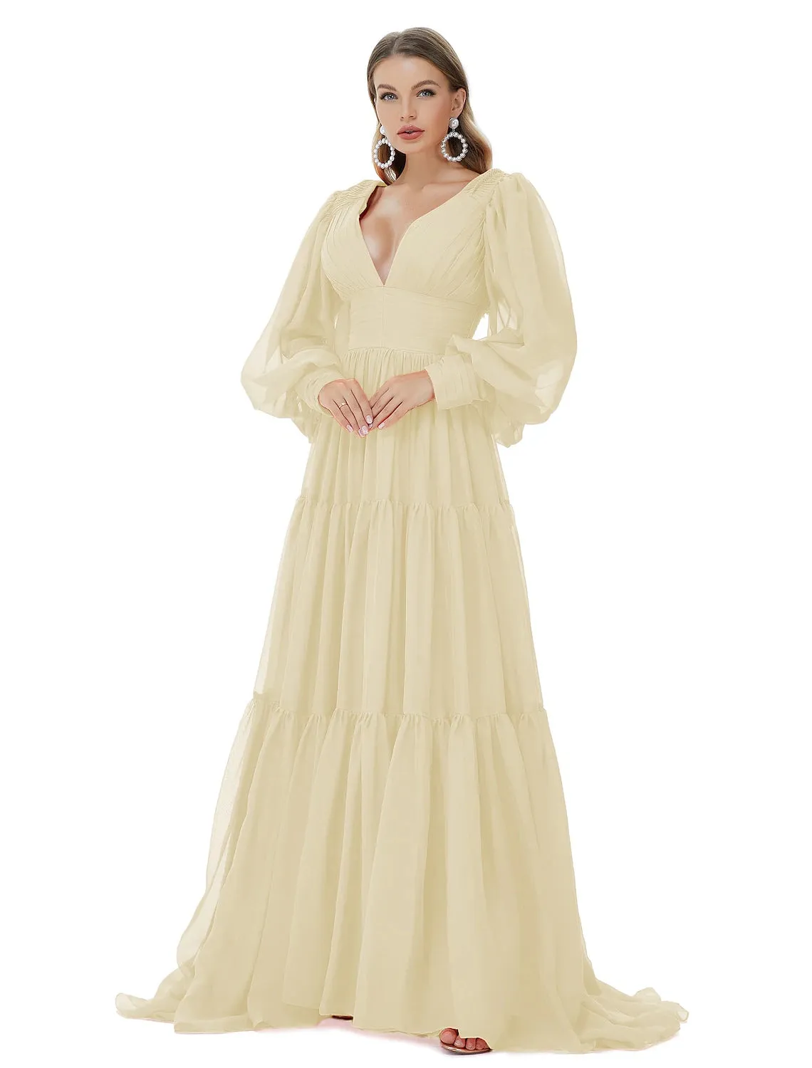 A-Line Evening Gown Sexy Dress Party Wear Sweep / Brush Train Long Sleeve V Neck Chiffon with Ruched