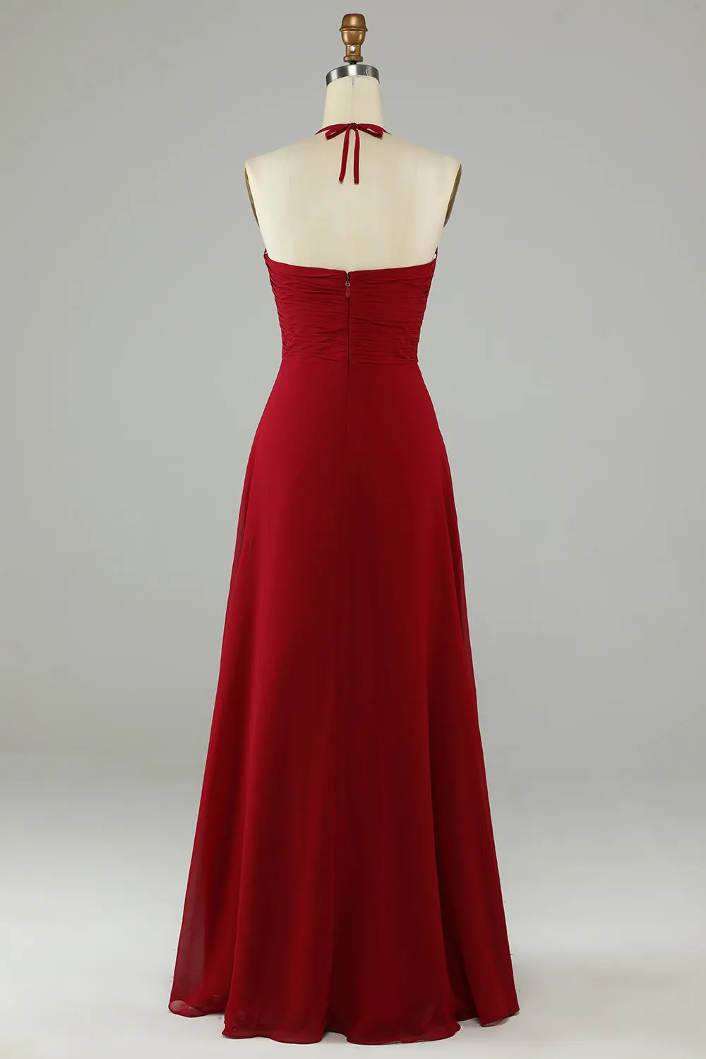 A-Line Halter Burgundy Long Bridesmaid Dress with Slit