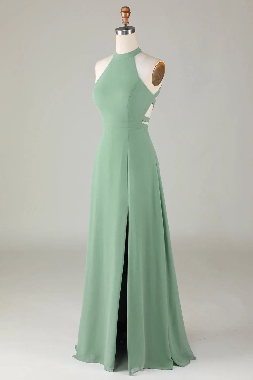 A-Line Halter Open Back Matcha Bridesmaid Dress with Split Front