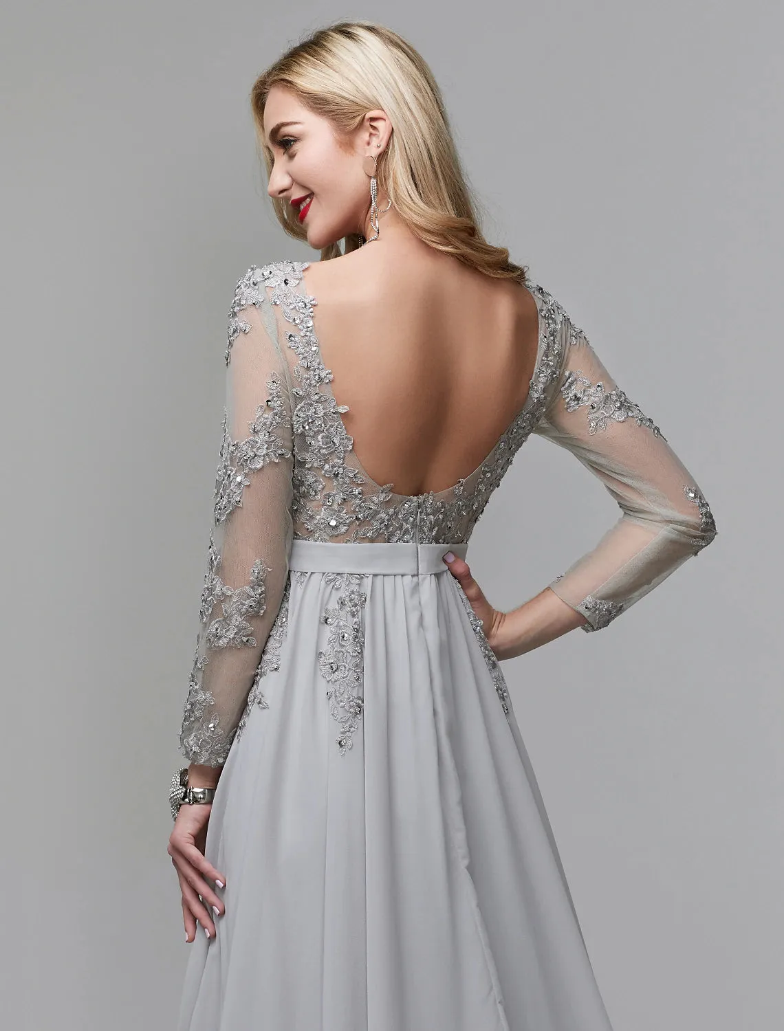 A-Line Luxurious Engagement Formal Evening Dress Illusion Neck V Back Low Back Long Sleeve Chapel Train Chiffon with Sequin Appliques / Illusion Sleeve