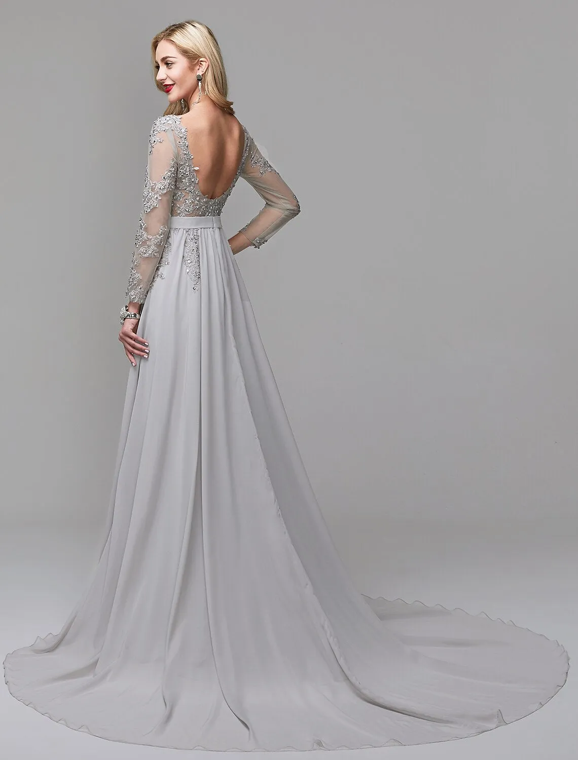 A-Line Luxurious Engagement Formal Evening Dress Illusion Neck V Back Low Back Long Sleeve Chapel Train Chiffon with Sequin Appliques / Illusion Sleeve