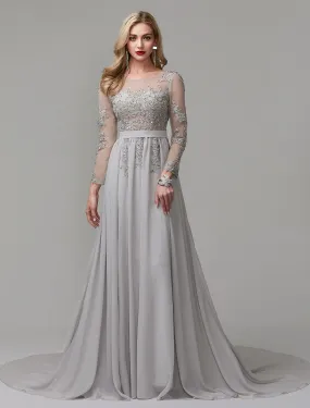 A-Line Luxurious Engagement Formal Evening Dress Illusion Neck V Back Low Back Long Sleeve Chapel Train Chiffon with Sequin Appliques / Illusion Sleeve