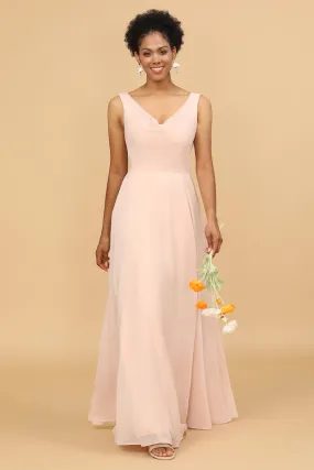 A Line V Neck Blush Chiffon Long Bridesmaid Dress