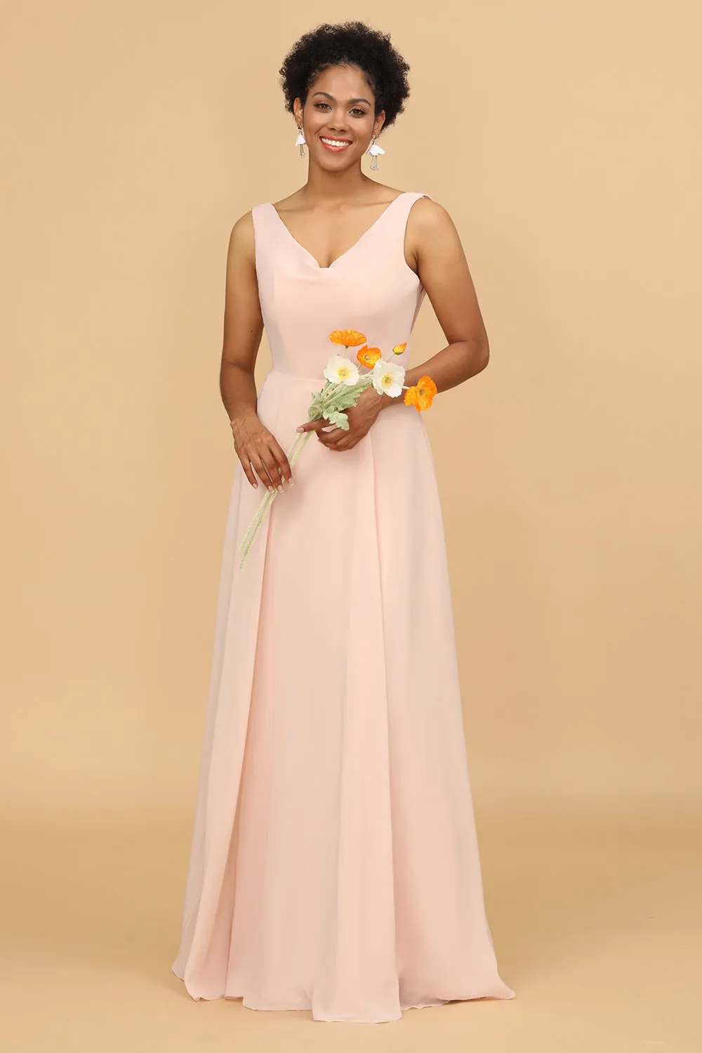 A Line V Neck Blush Chiffon Long Bridesmaid Dress