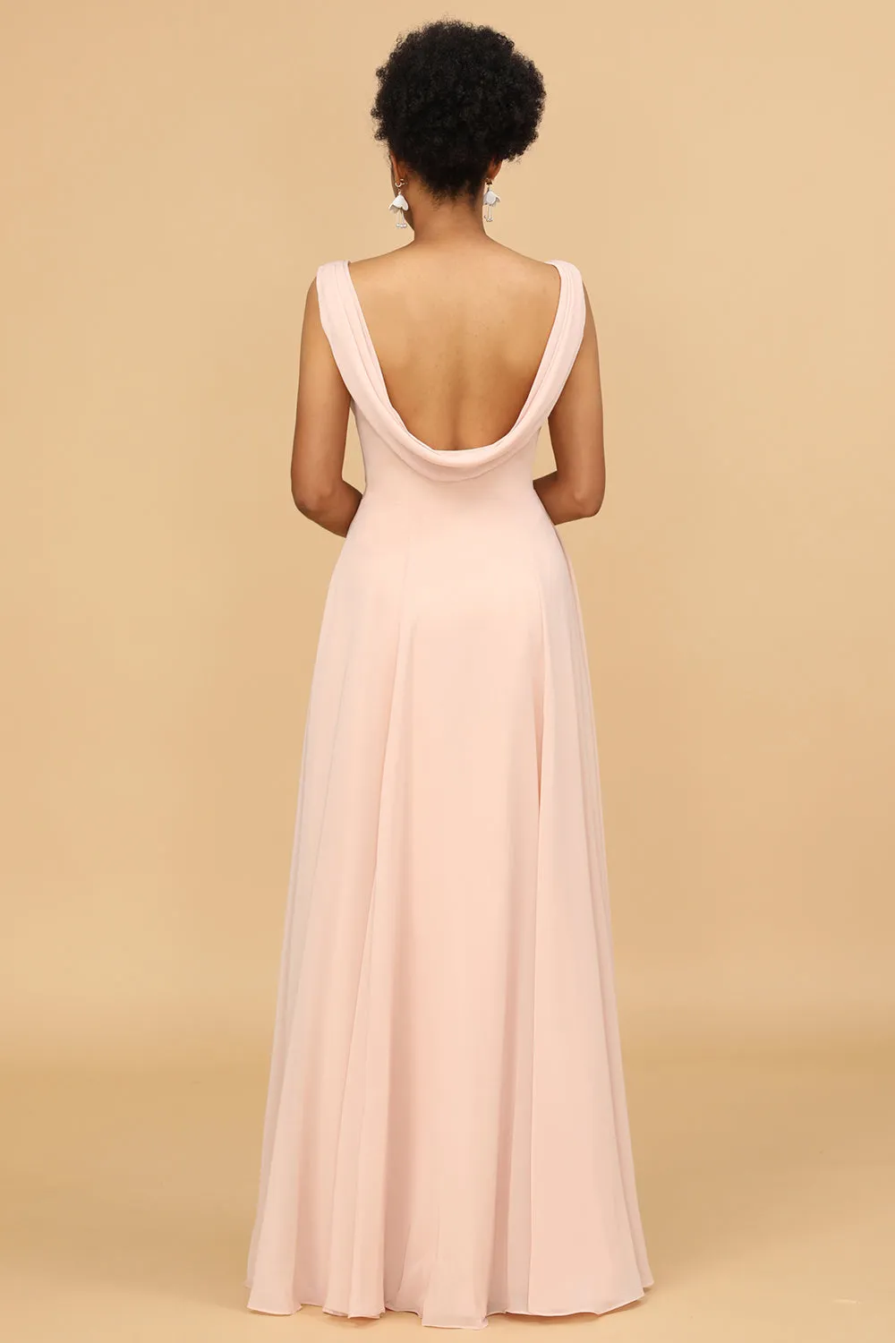 A Line V Neck Blush Chiffon Long Bridesmaid Dress