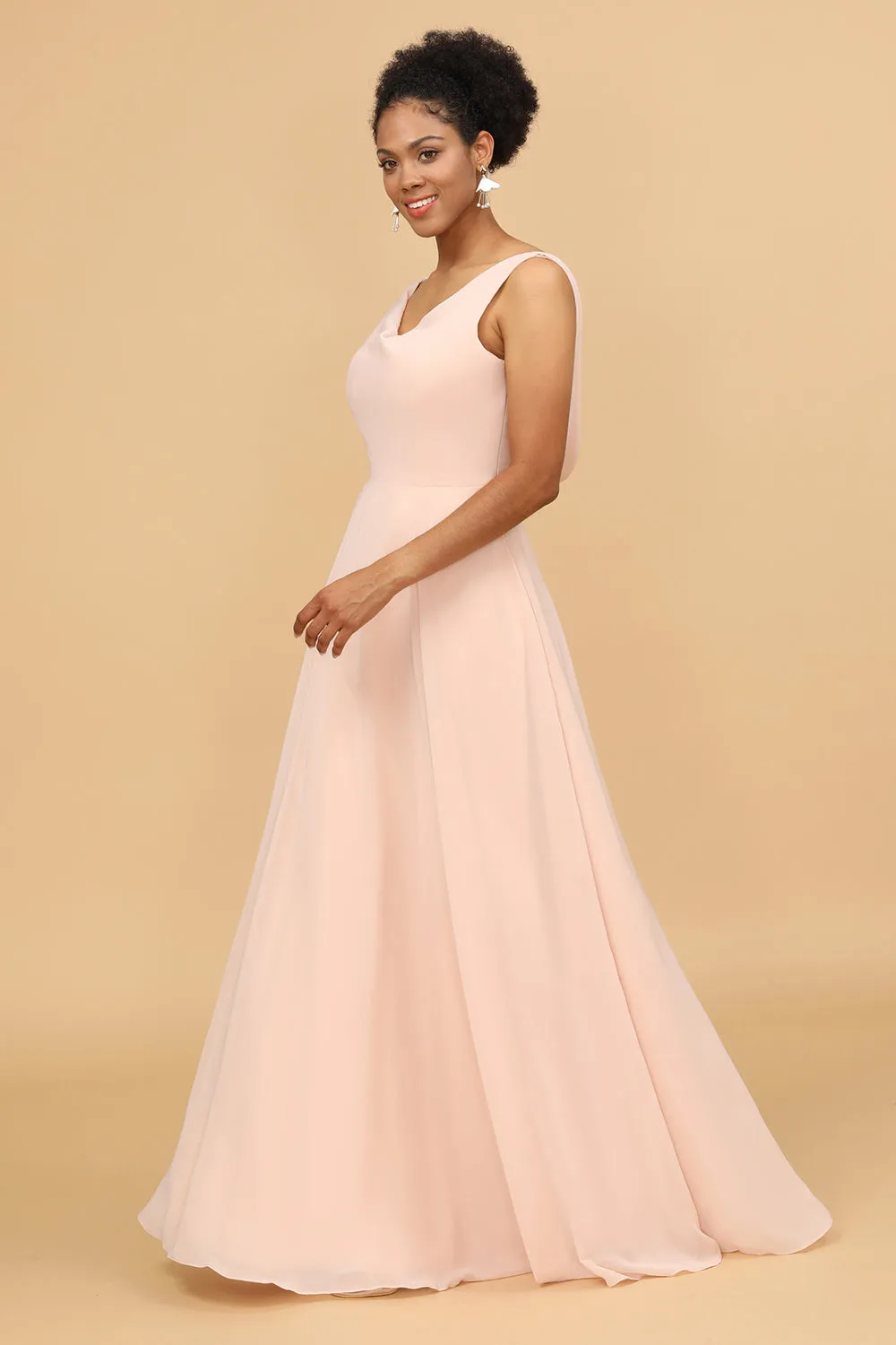 A Line V Neck Blush Chiffon Long Bridesmaid Dress