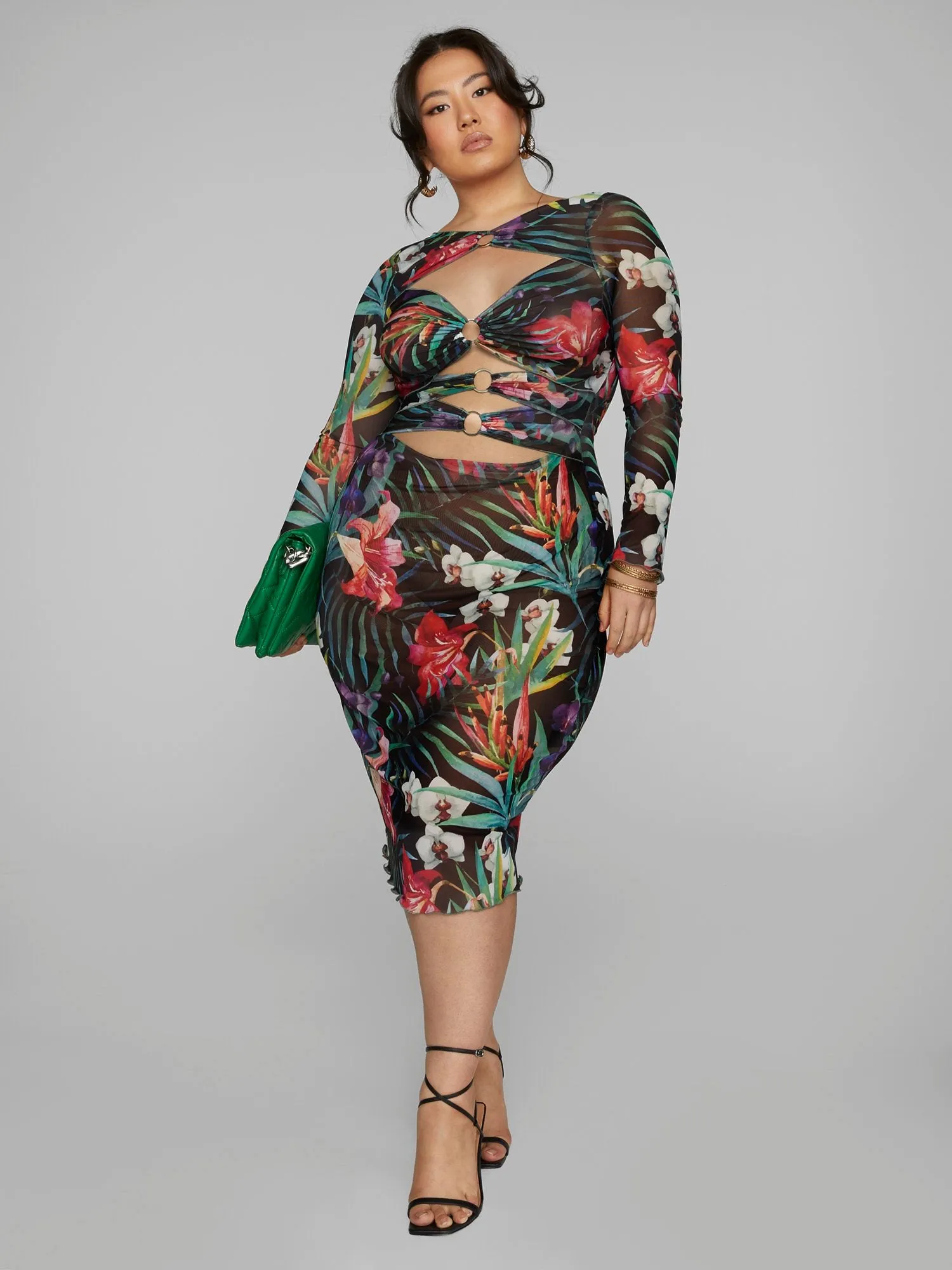 Ainsley O-Ring Tropical Print Mesh Dress