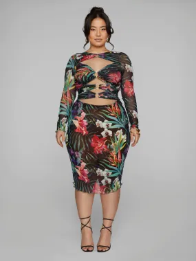 Ainsley O-Ring Tropical Print Mesh Dress