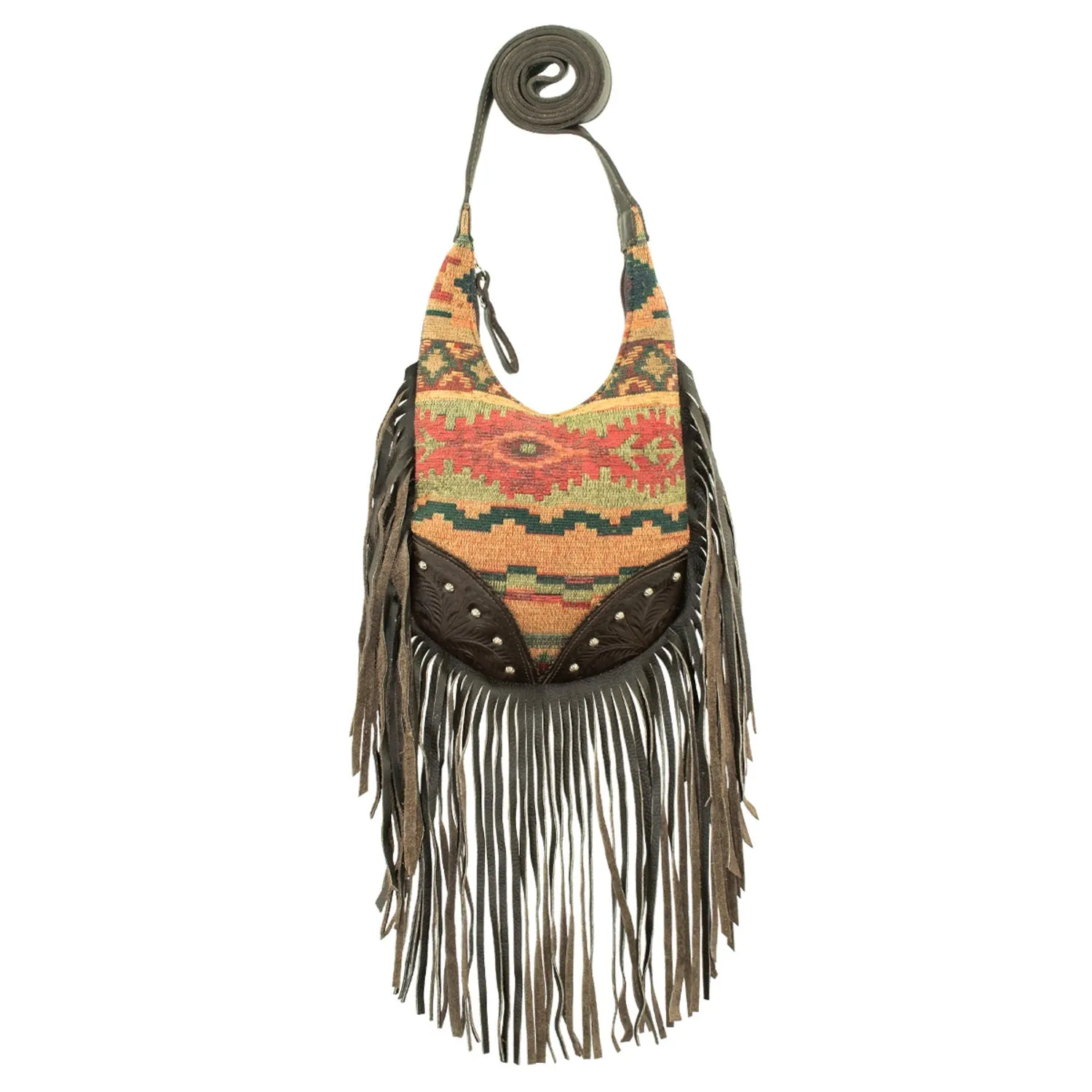 American West Womens Fringed Cowgirl Woven Tapestry Leather Crossbody Bag