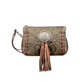 American West Womens Lariats and Lace Distressed Charcoal Leather Clutch Bag