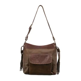 American West Womens Waxed Zip Top Dark Brown Leather Handbag Bag