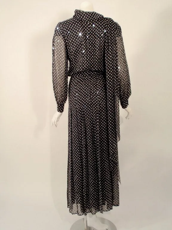 ANDRE LAUG Polka Dot Sequin Chiffon Gown, Scarf Size 4