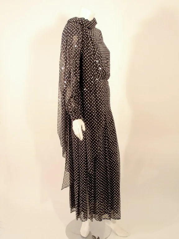 ANDRE LAUG Polka Dot Sequin Chiffon Gown, Scarf Size 4