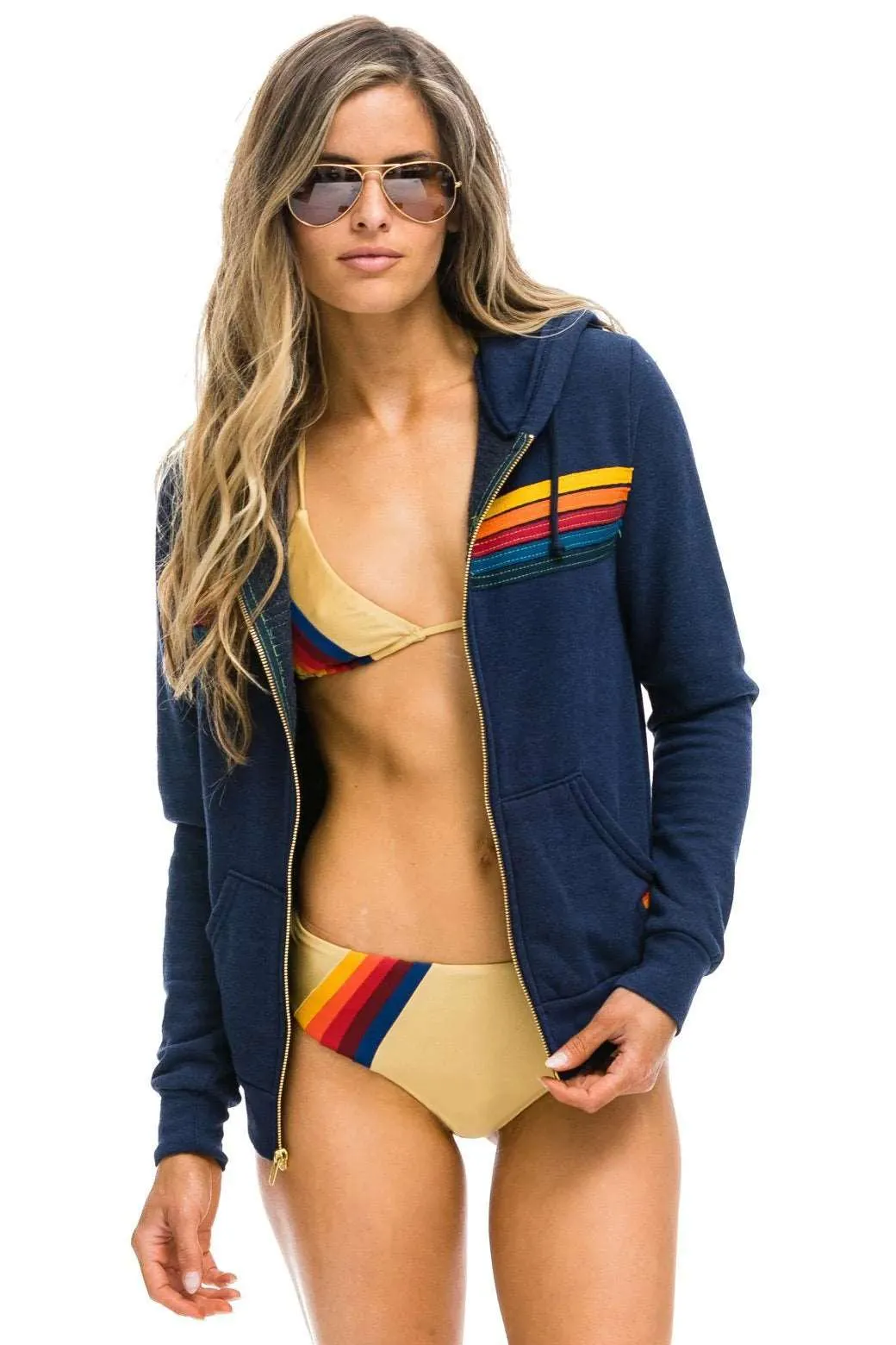 Aviator Nation Women's 5 Stripe Zip Hoodie - Navy Blue