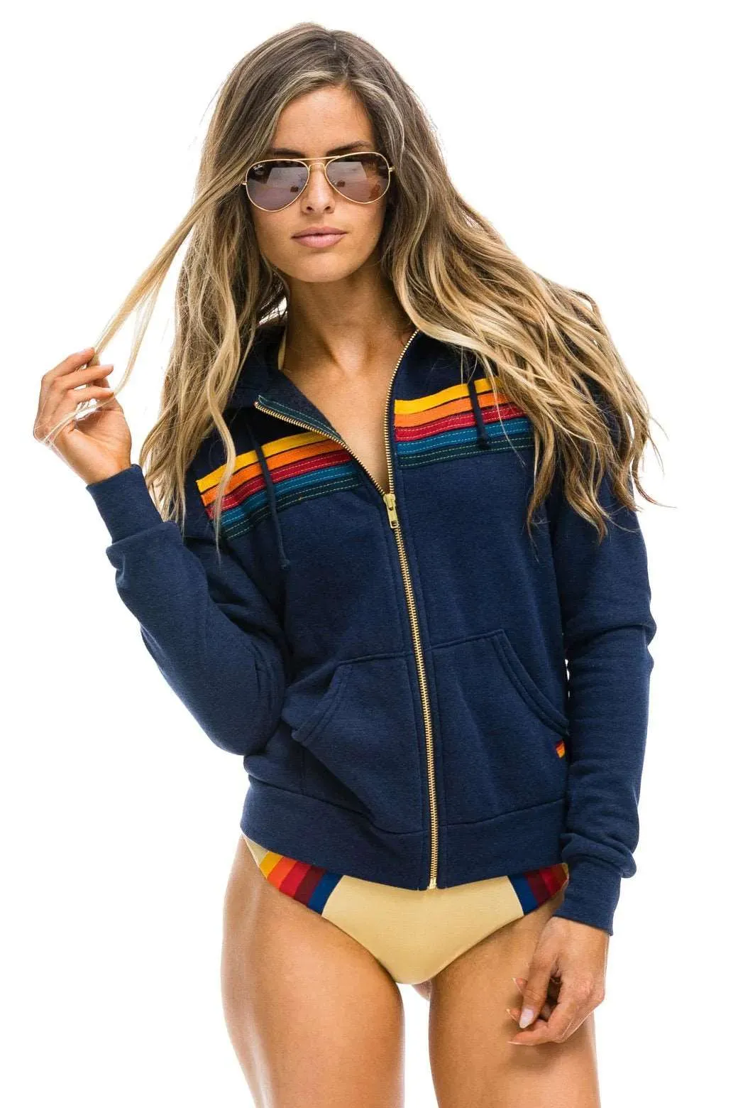 Aviator Nation Women's 5 Stripe Zip Hoodie - Navy Blue