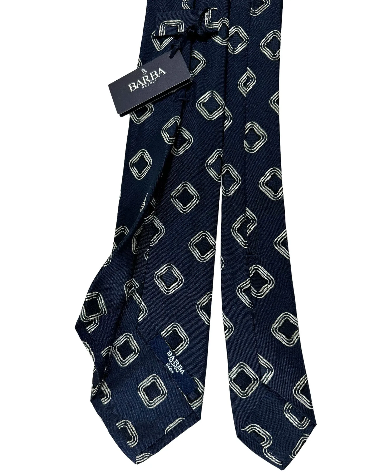 Barba Sevenfold Tie Dark Blue Silver Geometric Design - Sartorial Neckwear