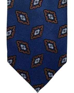 Barba Sevenfold Tie Midnight Blue Brown Geometric Design - Sartorial Neckwear