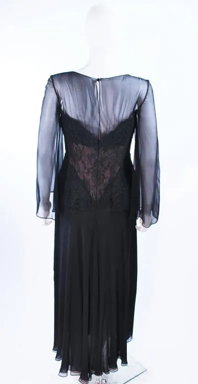 BILL BLASS Black Lace Chiffon Gown with Nude Underlay Size 10-12