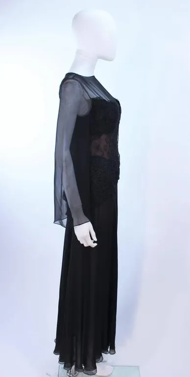 BILL BLASS Black Lace Chiffon Gown with Nude Underlay Size 10-12