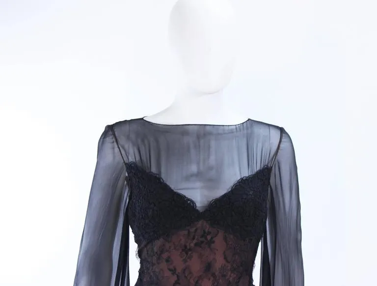 BILL BLASS Black Lace Chiffon Gown with Nude Underlay Size 10-12