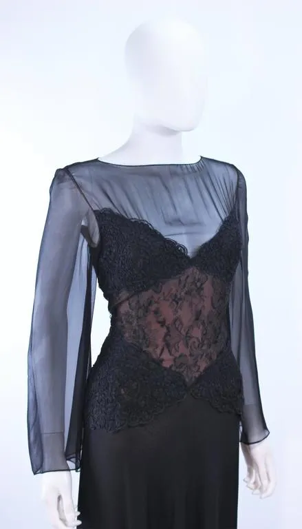 BILL BLASS Black Lace Chiffon Gown with Nude Underlay Size 10-12