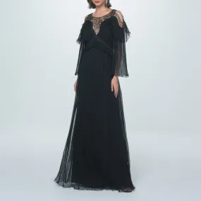 Black Chiffon Dress with Embroidery Embellishment