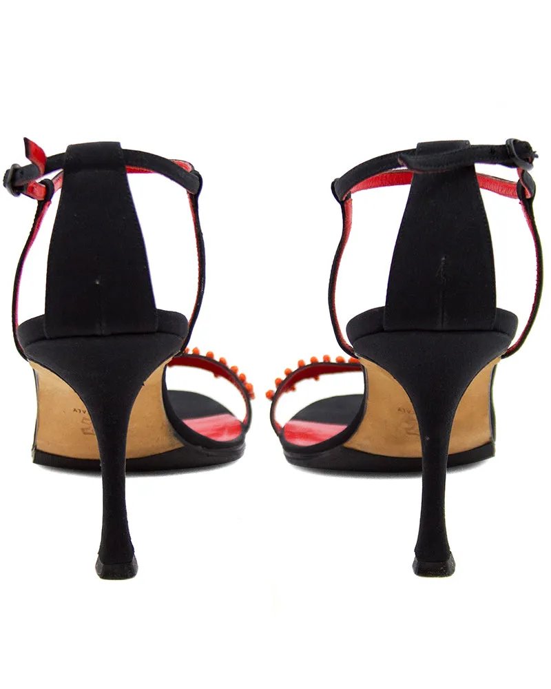 Black Suede Ankle Strap Heels with Coral Applique