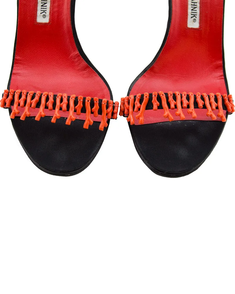 Black Suede Ankle Strap Heels with Coral Applique