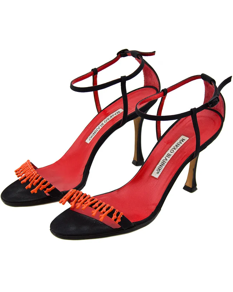 Black Suede Ankle Strap Heels with Coral Applique