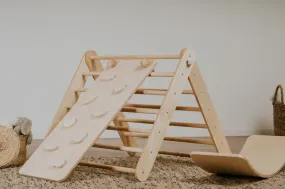 Children's Natural indoor Climbing Triangle and Swedish Wall 2in1, Montessori Triangle, Climber, Climbing Triangle Set, plus balance board.