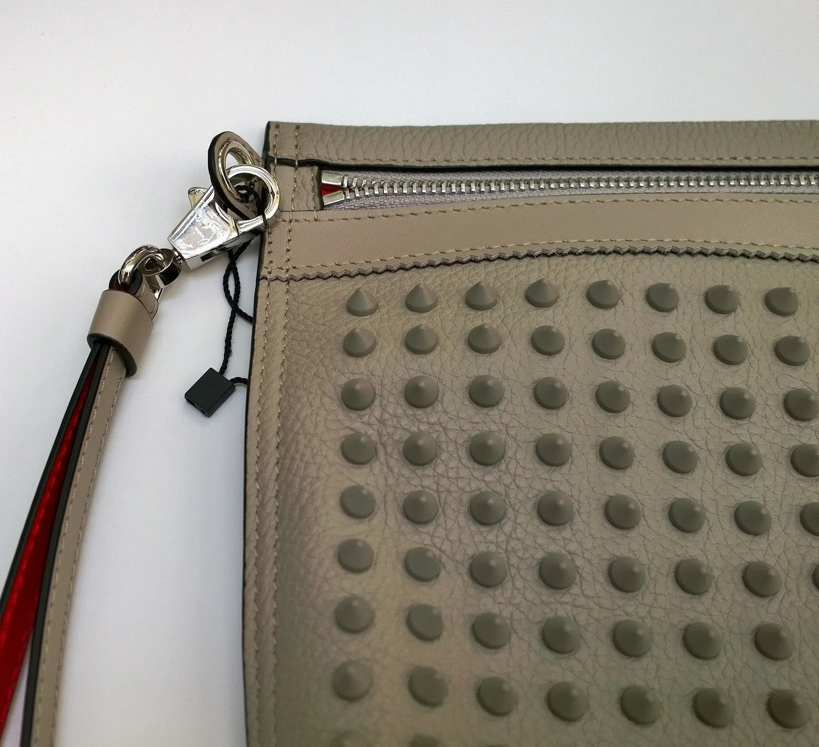 Christian Louboutin Citypouch Studded Taupe Fungo Leather Studs Clutch Wrist Strap Bag