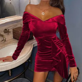 DressBetty - Long Sleeve Velvet Sexy Dress Women Off Shoulder Ruched Solid Deep V-neck Party Dresses Ladies Clubwear Bodycon Dress