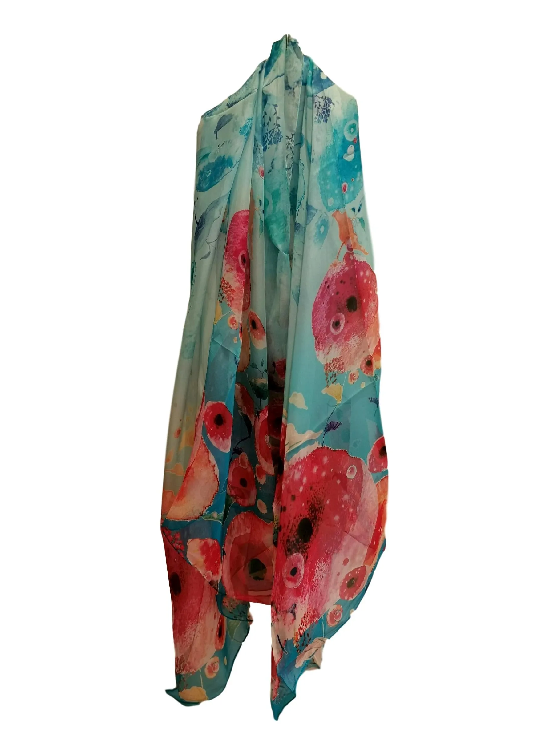 Extra Wide High Quality Silk Chiffon Scarf Blue Theme Floral Print SCH520