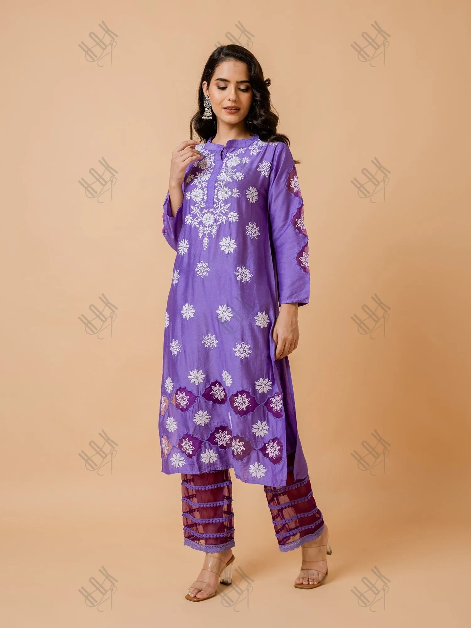 Fizaa Purple Chikankari Chanderi Silk Kurta Set