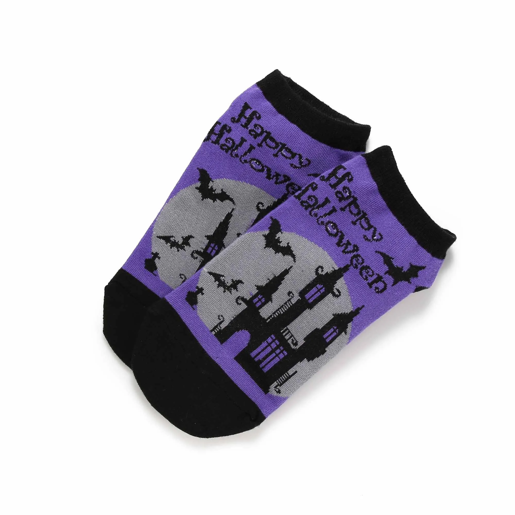 Happy Halloween Funny Grave Site Night Hunted House Black Bat Scary Low-Cut Ankle Women 3-Pairs Purple Grey (2312)