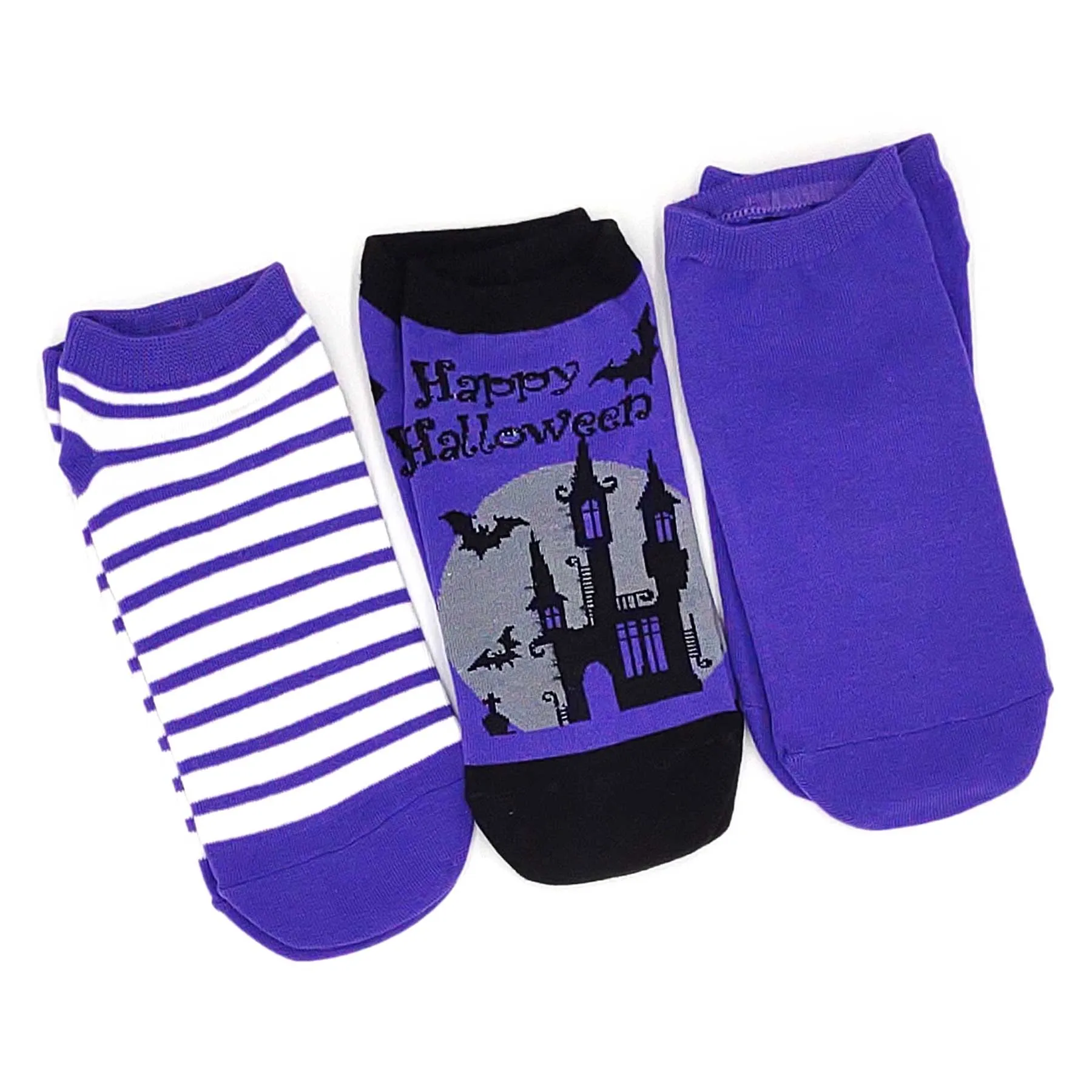 Happy Halloween Funny Grave Site Night Hunted House Black Bat Scary Low-Cut Ankle Women 3-Pairs Purple Grey (2312)