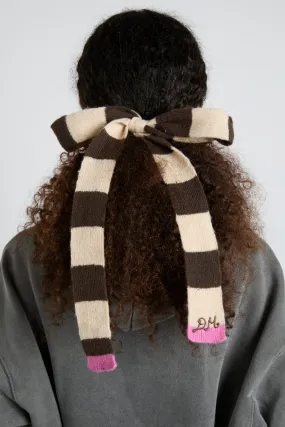 knitted hair bow in stripe - ecru & choc