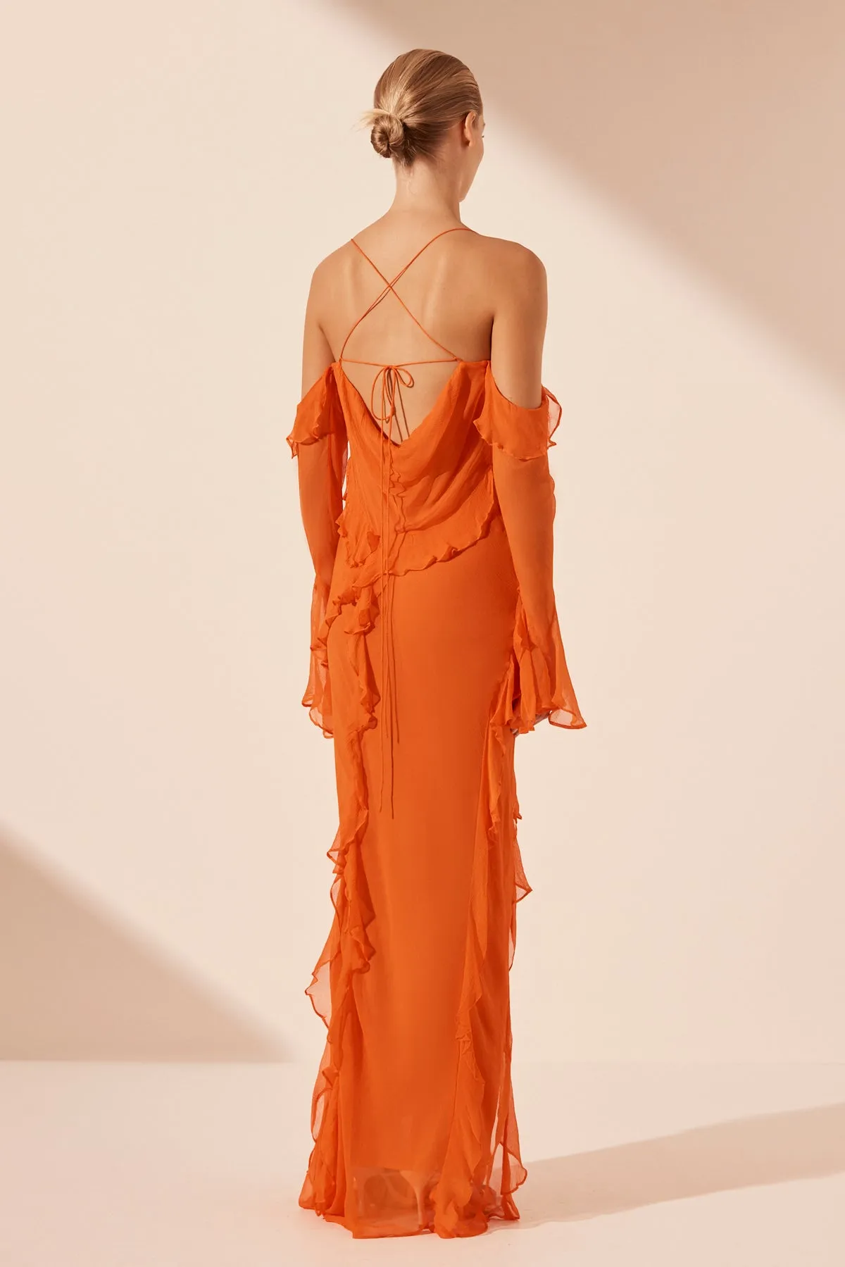 LAYLA LONG SLEEVE RUFFLE MAXI DRESS - FLAME ORANGE