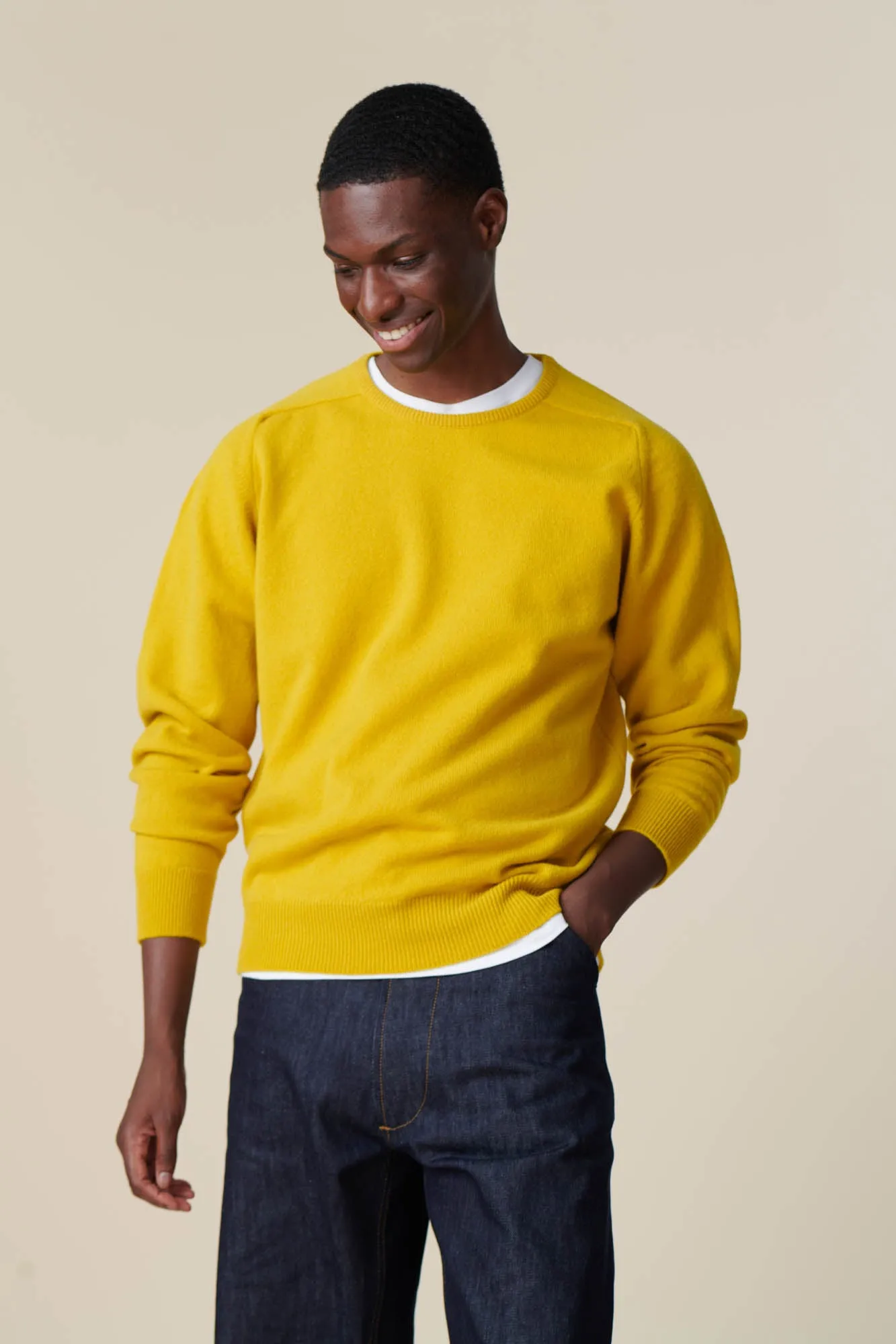 Men's Lambswool Saddle Shoulder Crew Neck - Piccalilli Yellow