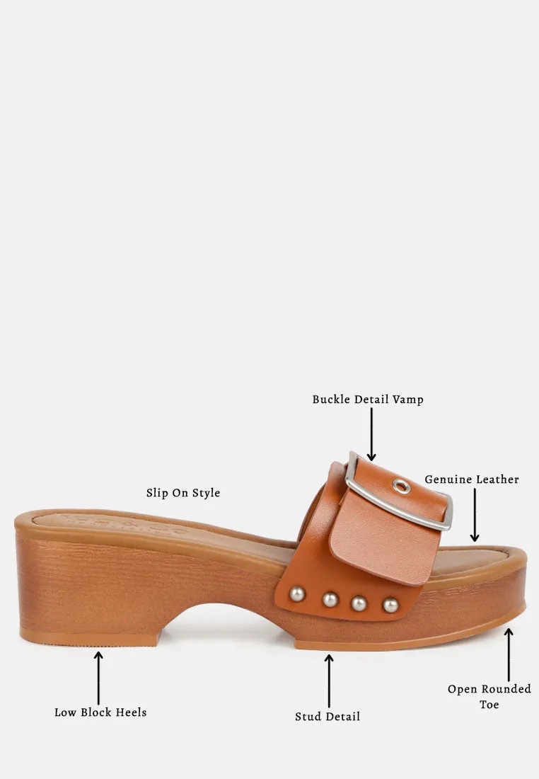 MIINDY Buckle Strap Leather Slip Ons in Tan